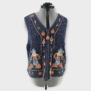 White Stag Vest Women's XL Zip Up Embroidered Beaded Scarecrow Fall Design VTG